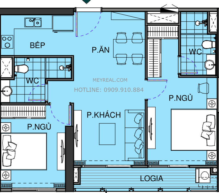 Căn 2PN The Beverly: diện tích 78.m2 – 80 m2 (Tim tường)