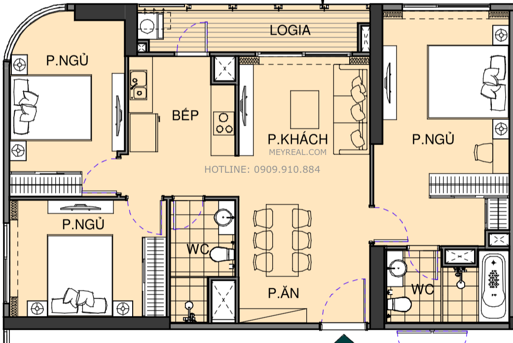Căn 3PN The Beverly: diện tích 101m2 – 101,5m2 (Tim tường)