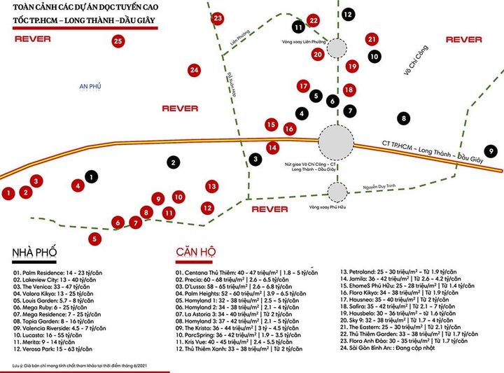 tổng hợp Giá bán các dự án dọc tuyến cao tốc TPHCM - Long Thành - Dầu Giây