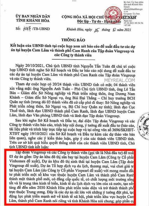 Văn bản pháp lý Vingroup đề xuất dư án cam lâm, khánh hoà vinhomes vinpearl
