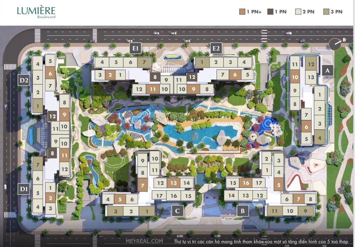 mặt bằng lumiere boulevard tòa a b c d e