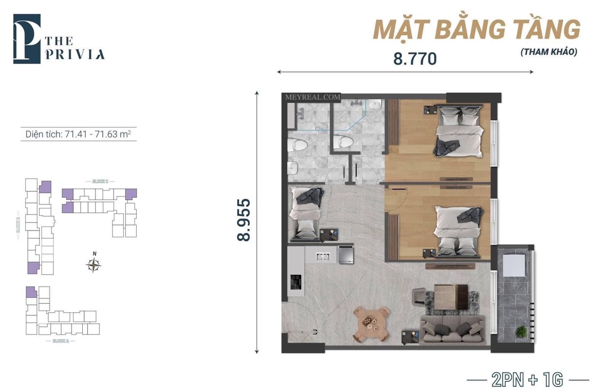 mặt bằng căn hộ The Privia 2PN G