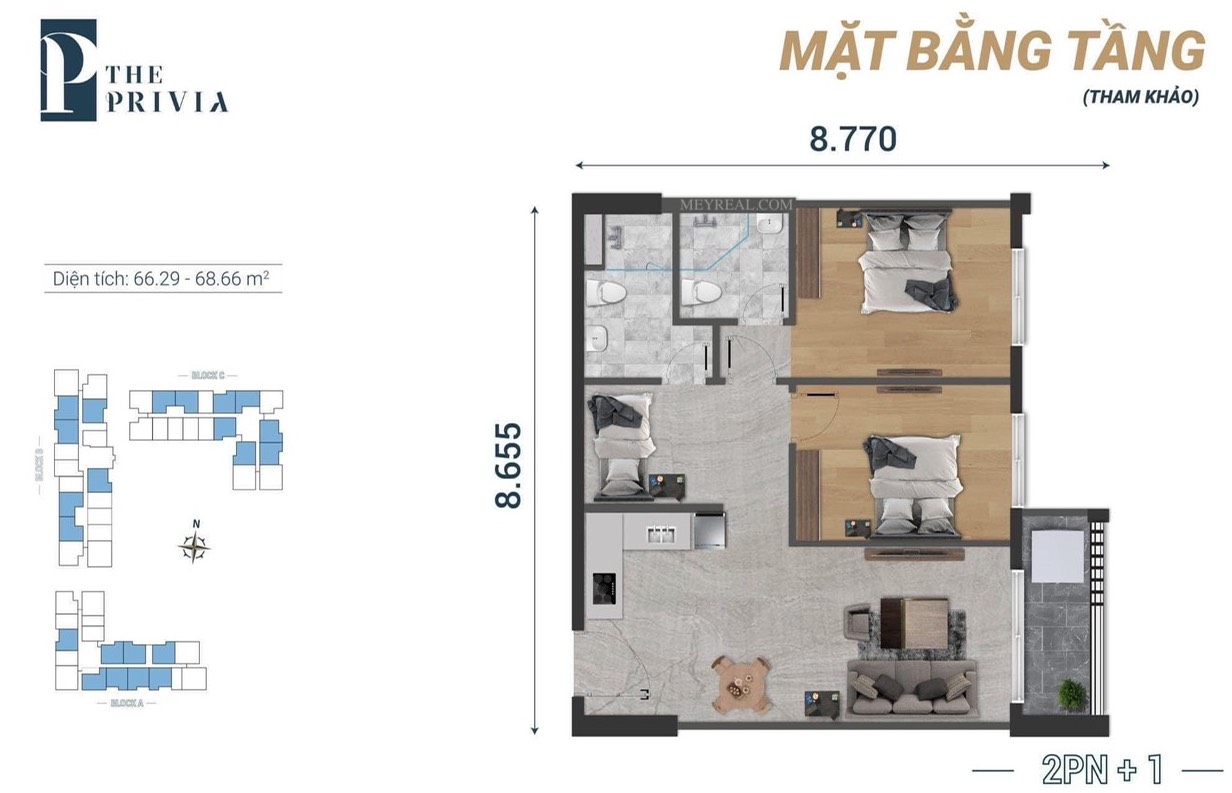 mặt bằng Thiết kế The Privia 2PN+