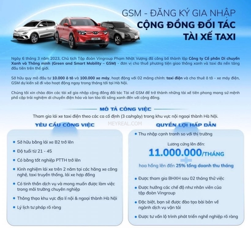 Công ty GSM tuyển tài xế taxi