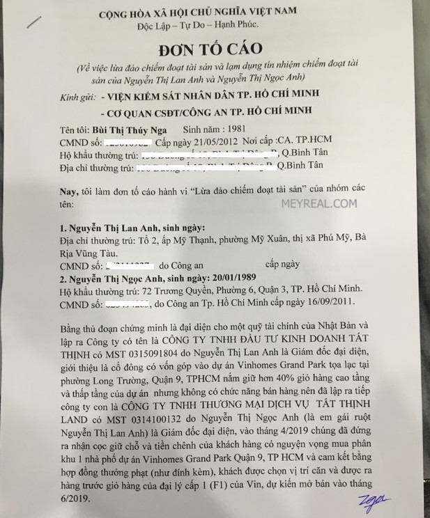 tố cáo lừa đảo vinhomes grand park