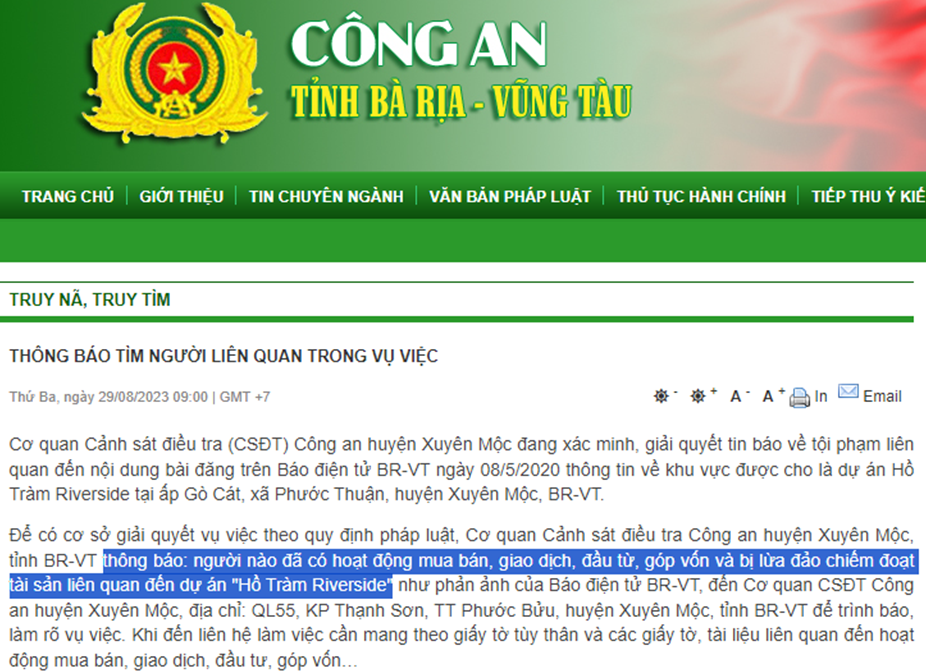Công an Tìm người bị lừa đảo khi mua dự án Hồ Tràm Riverside